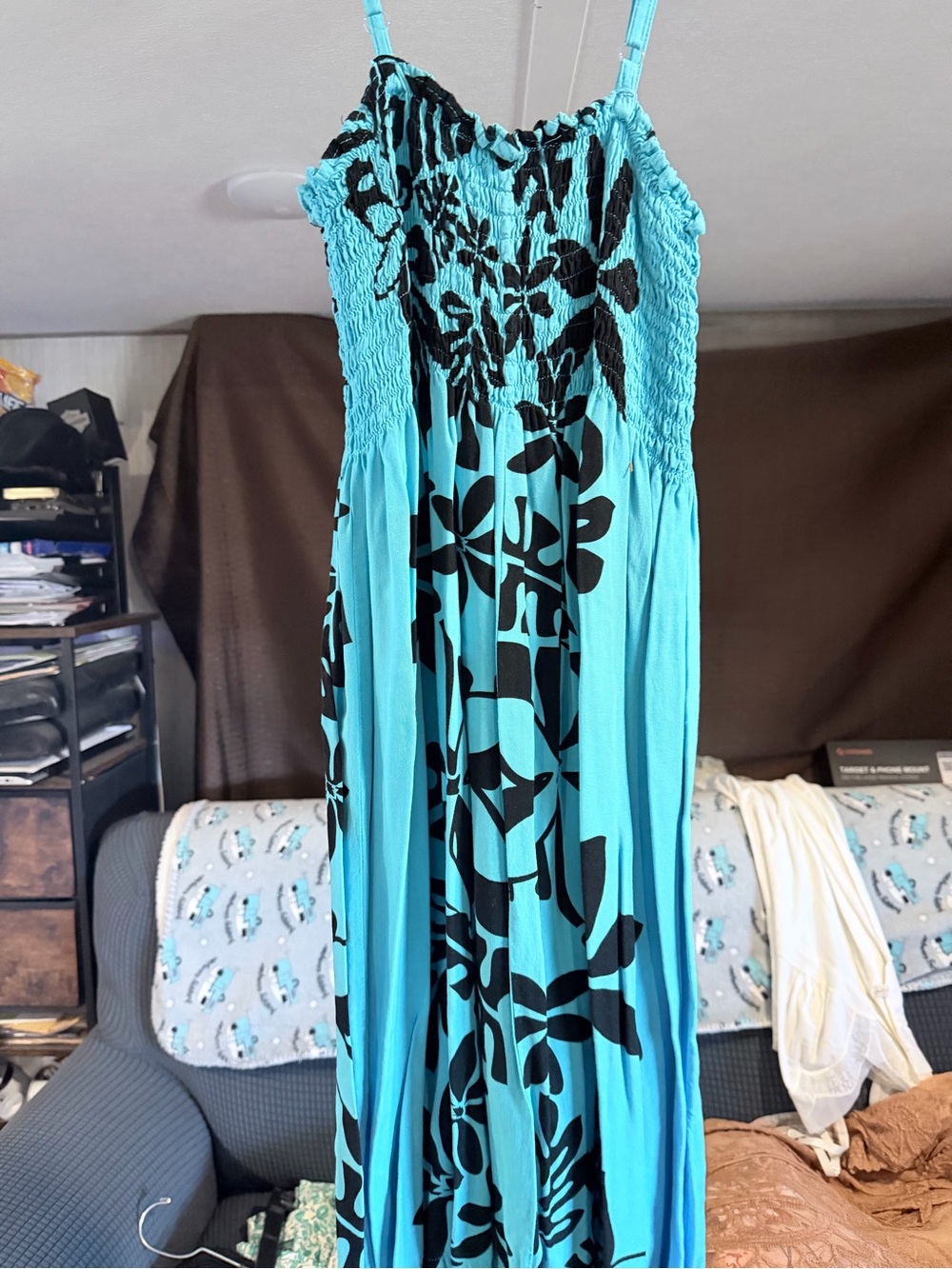 Turquoise and Black Floral Smocked Dress - Women